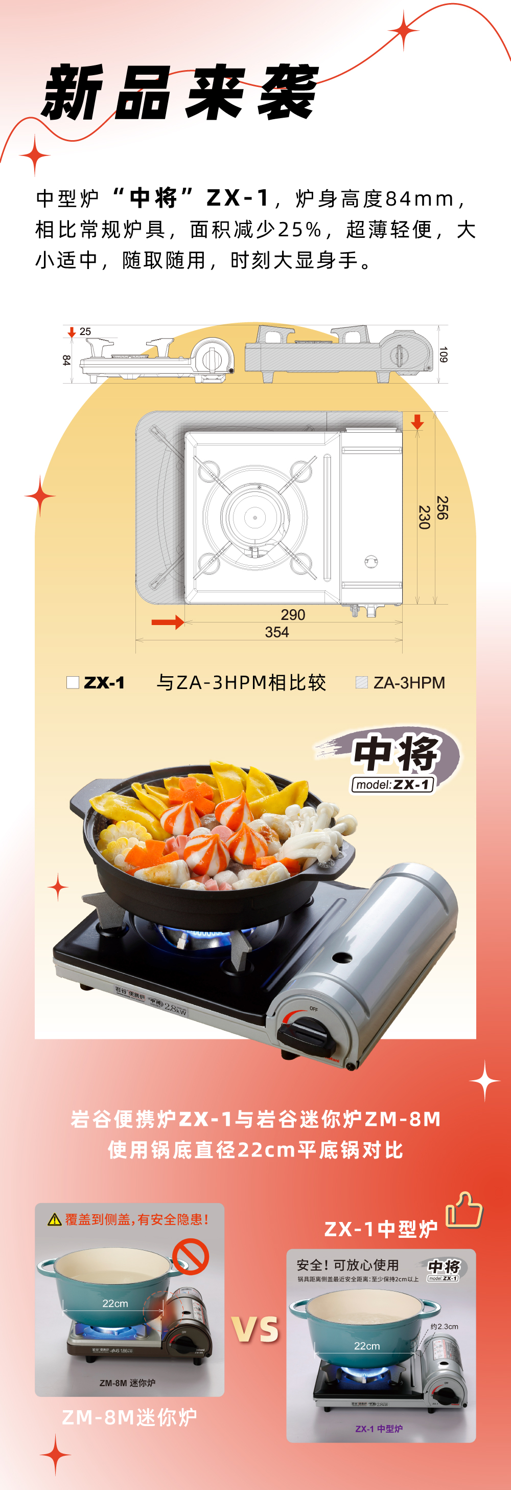 巖谷便攜爐ZX-1，爐身高度84mm，相比常規爐具，面積減少25%，
超薄輕便，大小適中，隨取隨用，時刻大顯身手。